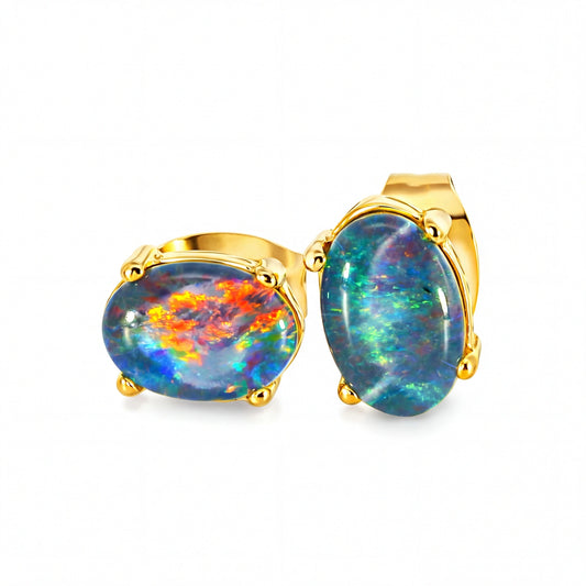 Triplet Opal Earrings set in Gold Plated Stainless Steel - Multicolour - Australian Opal Cutters and Pearl Divers