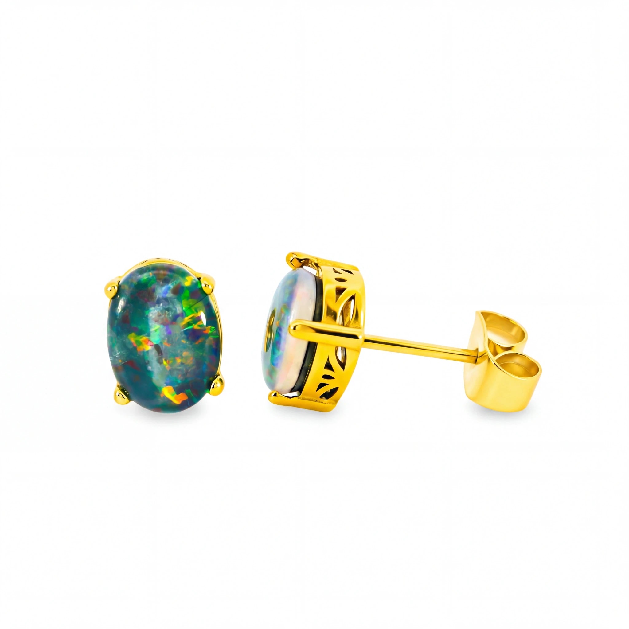 Triplet Opal Earrings set in Gold Plated Stainless Steel - Multicolour - Australian Opal Cutters and Pearl Divers