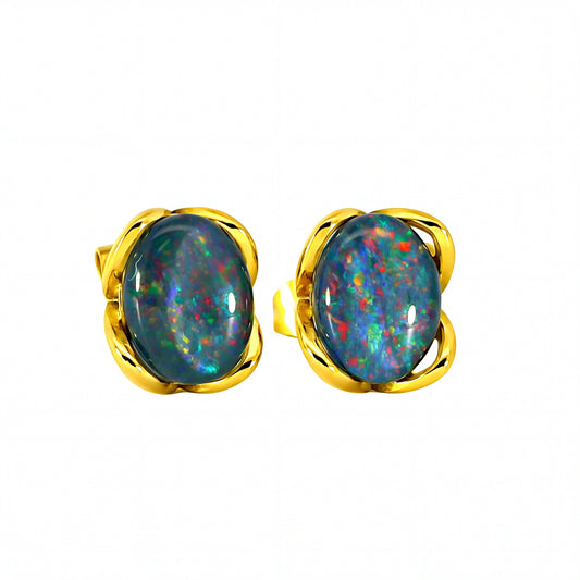 Triplet Opal Earrings in Gold Plated Stainless Steel - Multicolour - Australian Opal Cutters and Pearl Divers