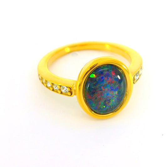 Triplet Opal Ring in Gold Plated Stainless Steel - Multicolour