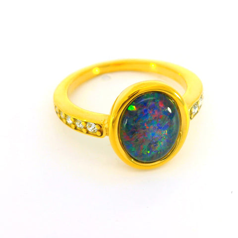 Triplet Opal Ring in Gold Plated Stainless Steel - Multicolour
