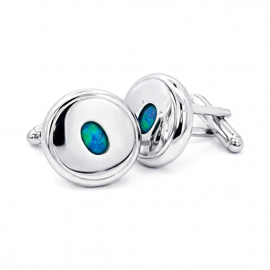 Triplet Opal Cufflinks set in Stainless Steel - Blue and Green - Australian Opal Cutters and Pearl Divers