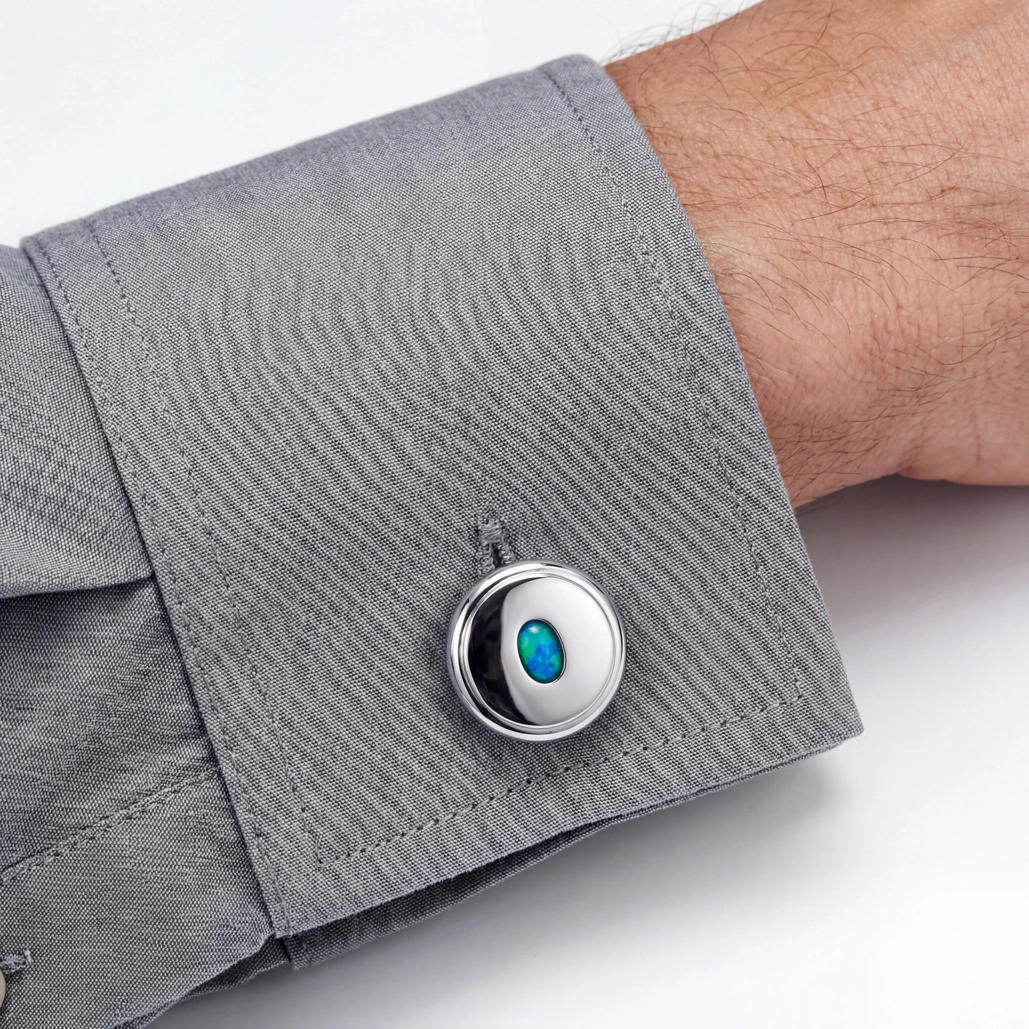 Triplet Opal Cufflinks set in Stainless Steel - Blue and Green - Australian Opal Cutters and Pearl Divers