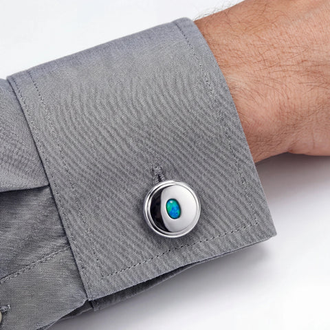 Triplet Opal Cufflinks set in Stainless Steel - Blue and Green - Australian Opal Cutters and Pearl Divers