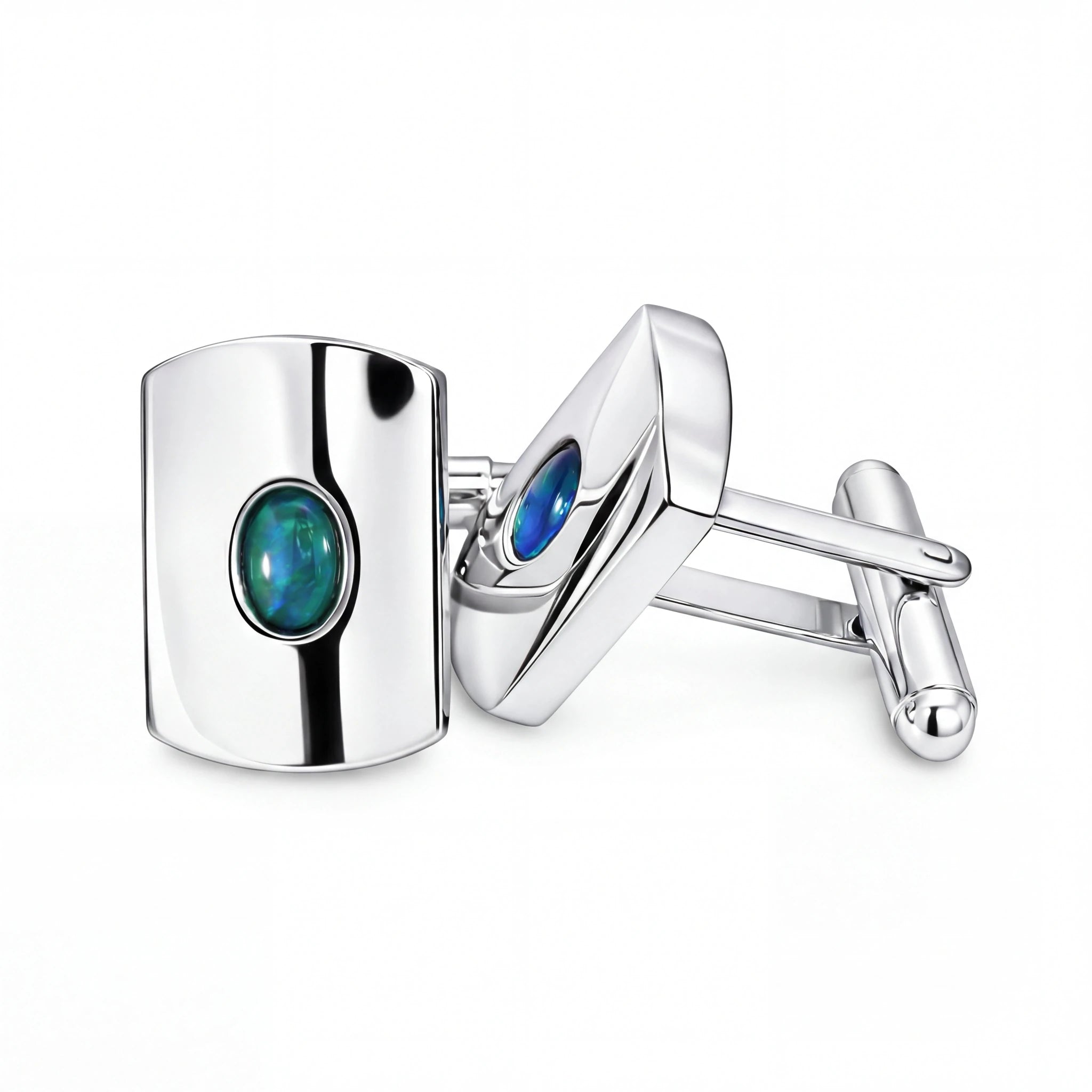 Triplet Opal Cufflinks set in Stainless Steel - Blue and Green - Australian Opal Cutters and Pearl Divers
