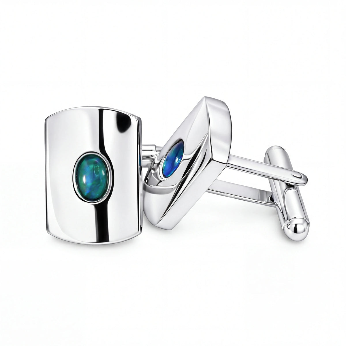 Triplet Opal Cufflinks set in Stainless Steel - Blue and Green - Australian Opal Cutters and Pearl Divers