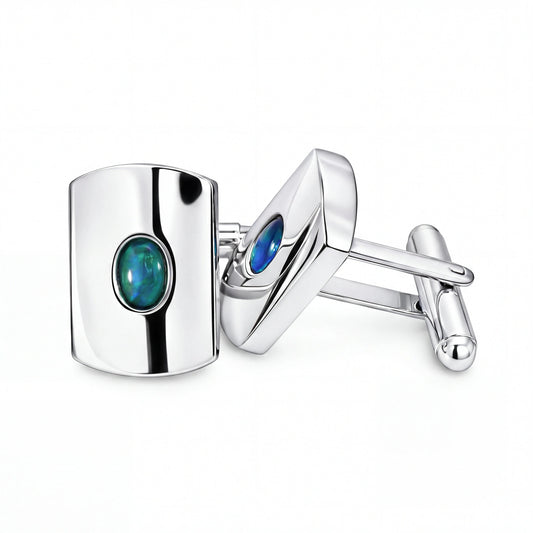 Triplet Opal Cufflinks set in Stainless Steel - Blue and Green - Australian Opal Cutters and Pearl Divers