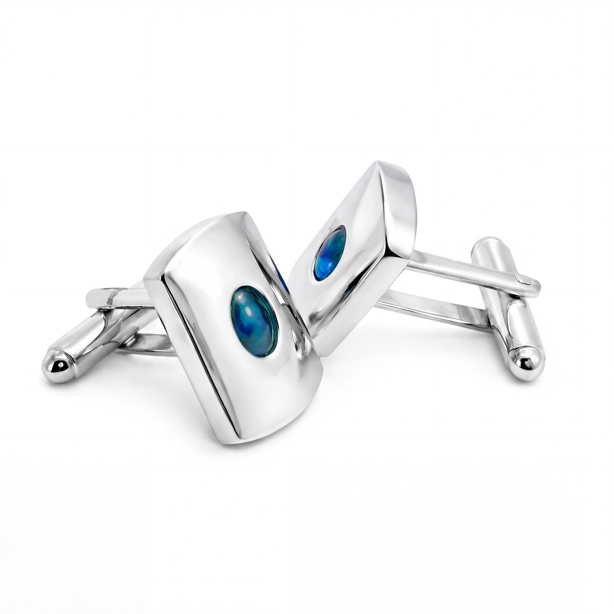 Triplet Opal Cufflinks set in Stainless Steel - Blue and Green - Australian Opal Cutters and Pearl Divers
