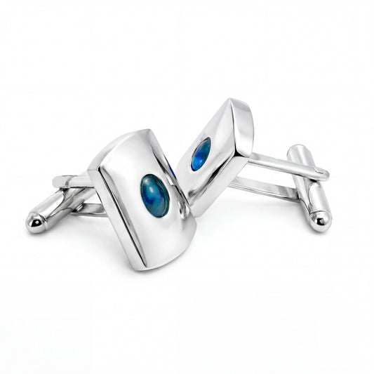 Triplet Opal Cufflinks set in Stainless Steel - Blue and Green - Australian Opal Cutters and Pearl Divers