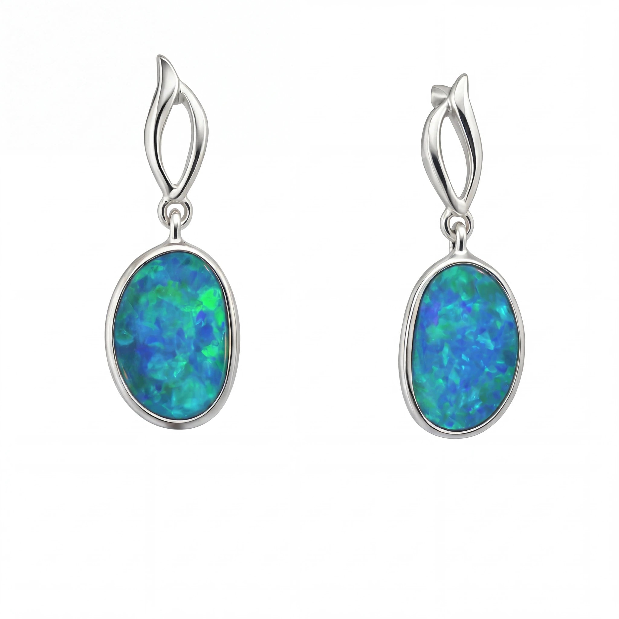 Silver Dangle Earrings with Oval Cabochon Bluish-Green Opal - Australian Opal Cutters and Pearl Divers