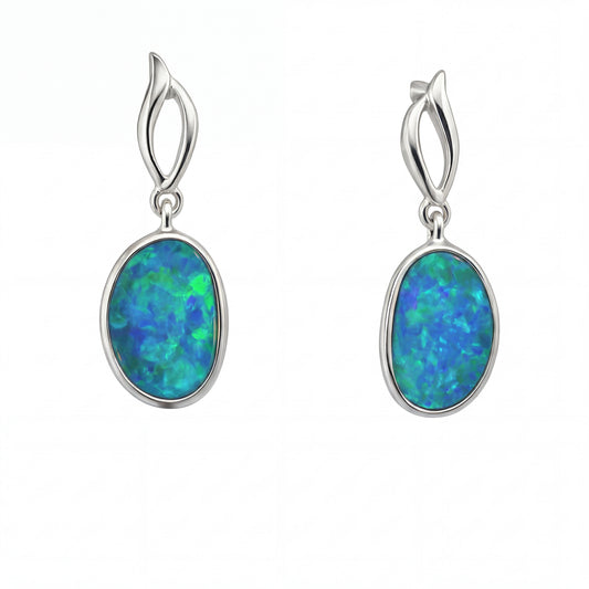 Silver Dangle Earrings with Oval Cabochon Bluish-Green Opal
