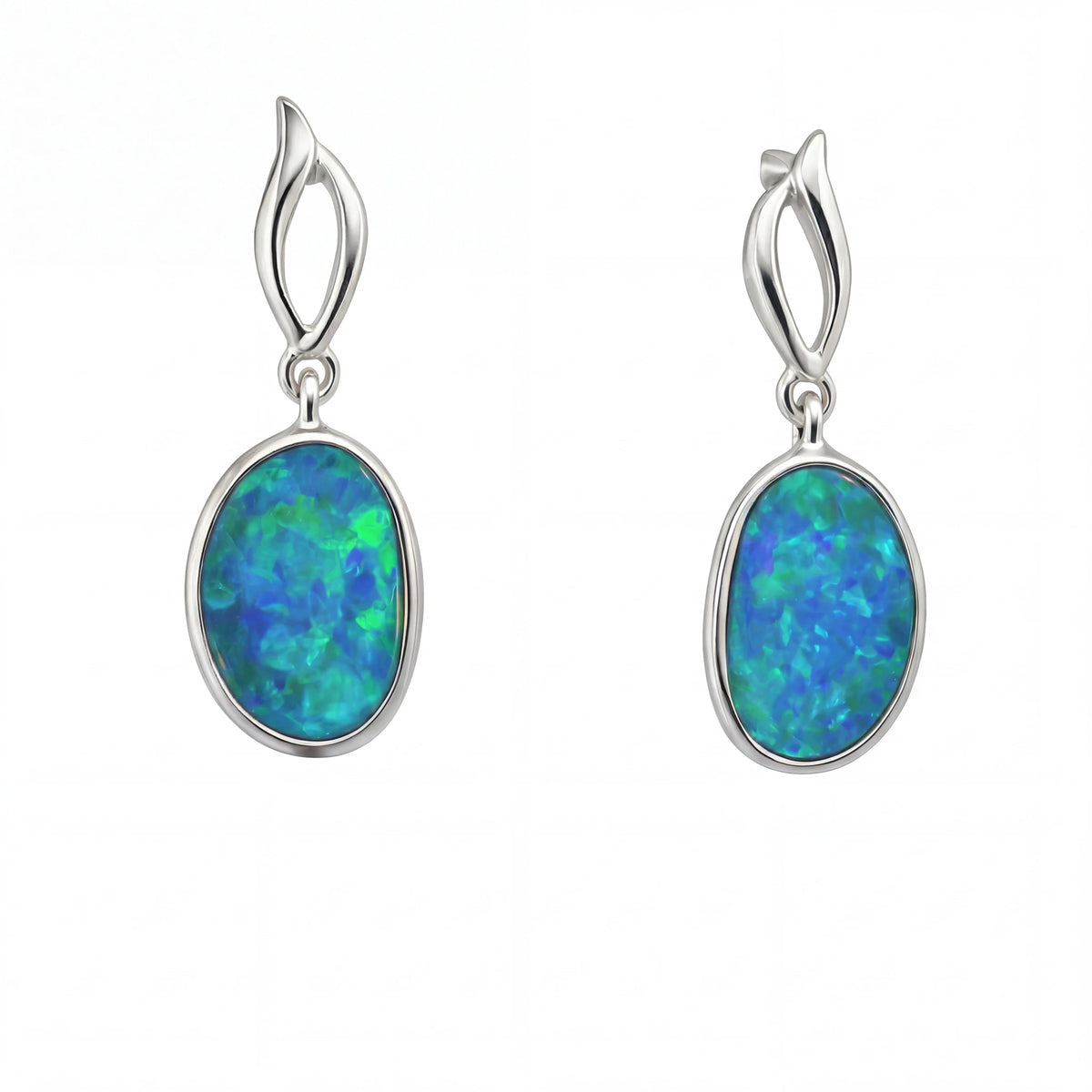 Silver Dangle Earrings with Oval Cabochon Bluish-Green Opal - Australian Opal Cutters and Pearl Divers