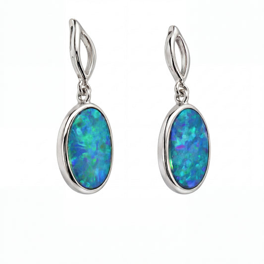 Silver Dangle Earrings with Oval Cabochon Bluish-Green Opal