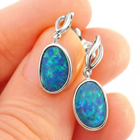 Silver Dangle Earrings with Oval Cabochon Bluish-Green Opal - Australian Opal Cutters and Pearl Divers