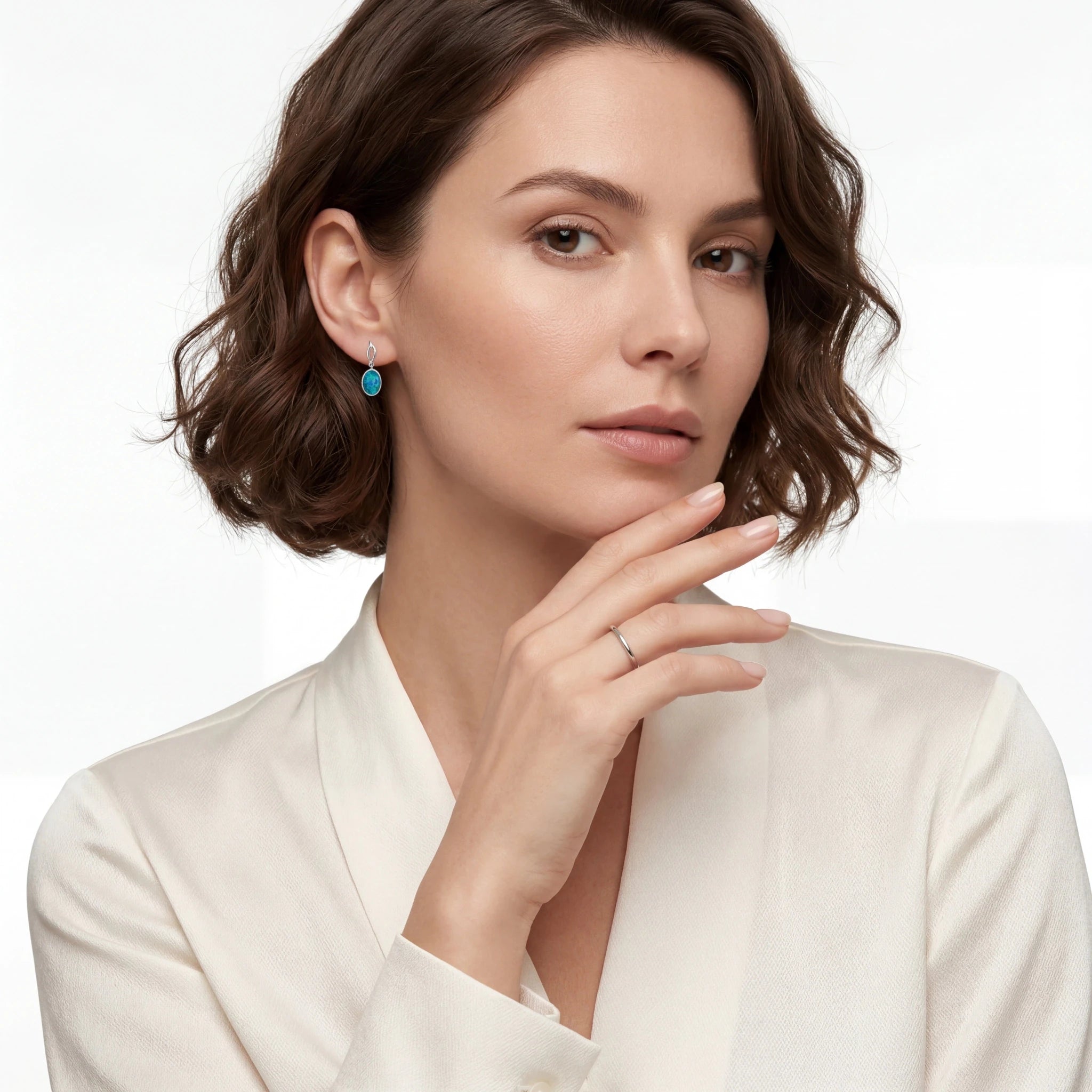 Silver Dangle Earrings with Oval Cabochon Bluish-Green Opal - Australian Opal Cutters and Pearl Divers