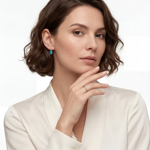 Silver Dangle Earrings with Oval Cabochon Bluish-Green Opal - Australian Opal Cutters and Pearl Divers