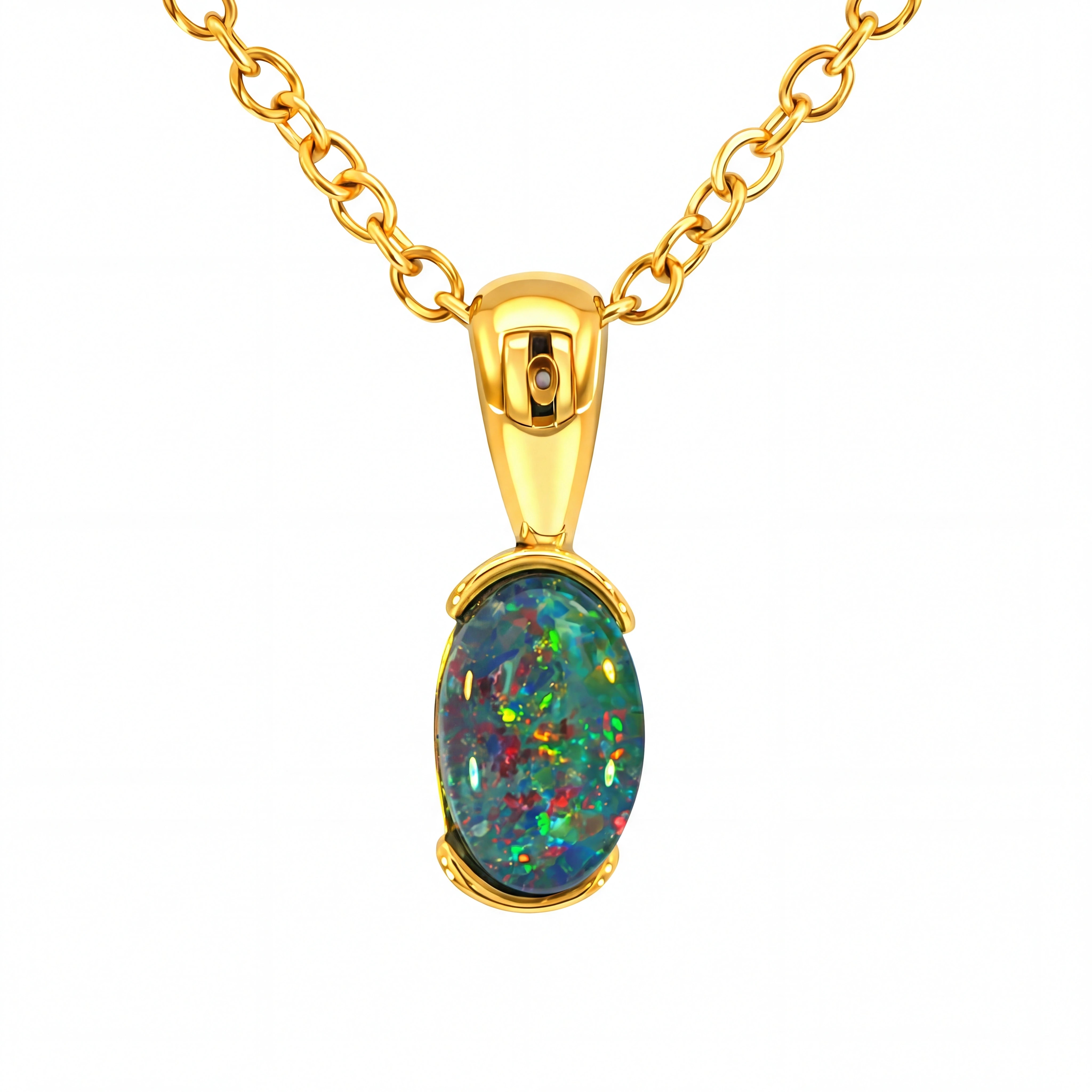 Gold necklace with an opal pendant on a white background