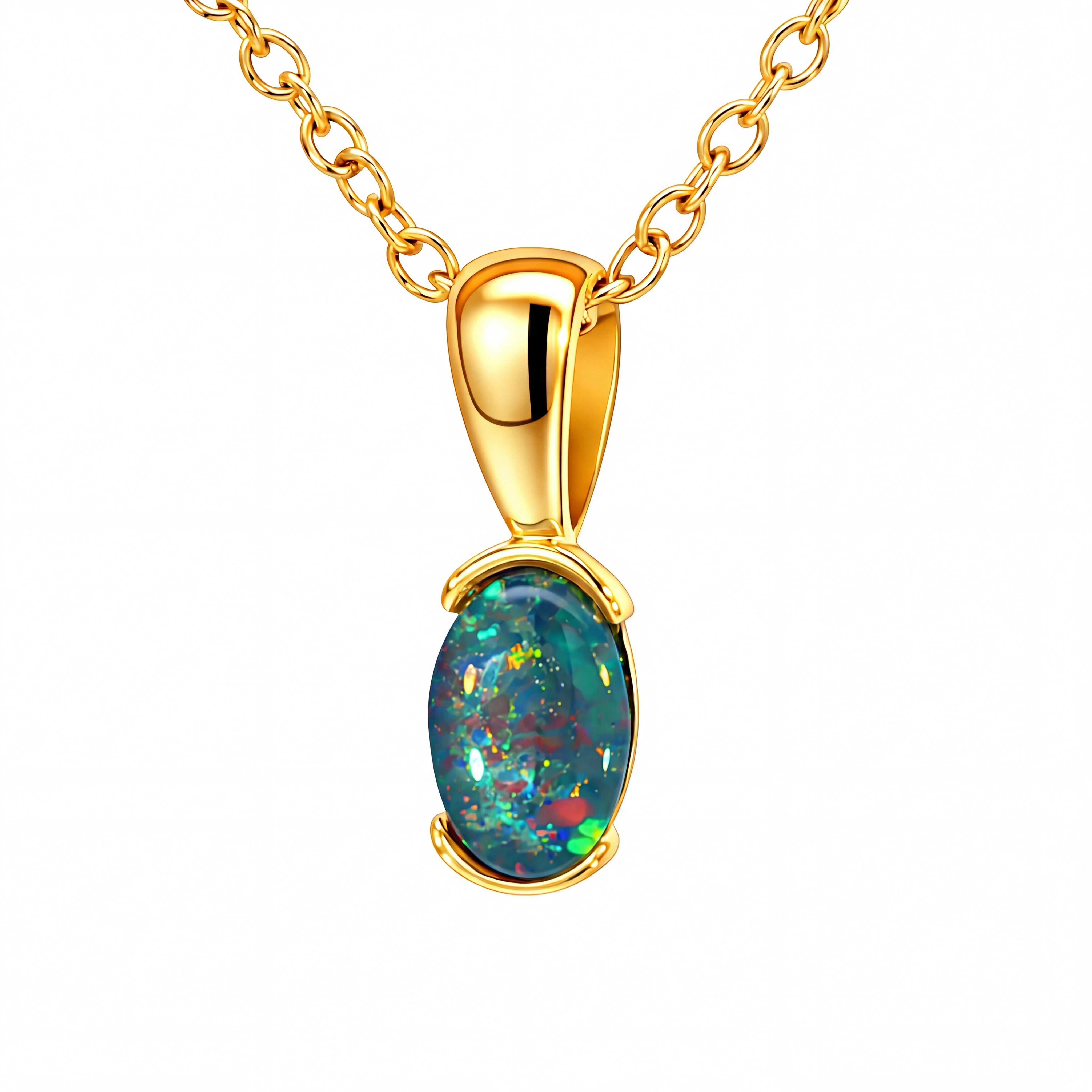 Gold necklace with an opal pendant on a white background