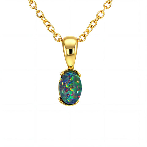 Gold necklace with an opal pendant on a white background