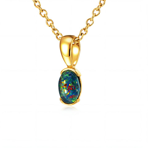 Gold pendant with a colourful opal gemstone on a white background