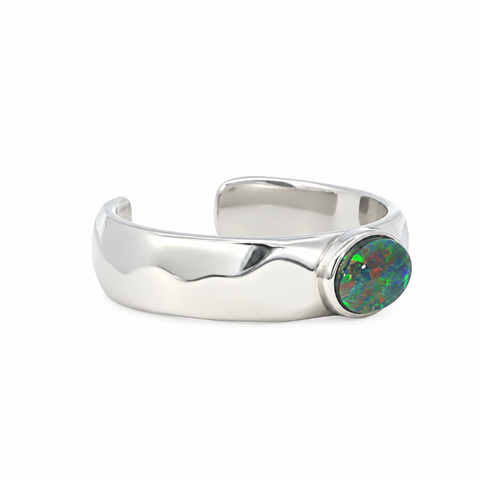 Triplet Opal Mens Ring set in Stainless Steel - Green and Blue - Australian Opal Cutters and Pearl Divers