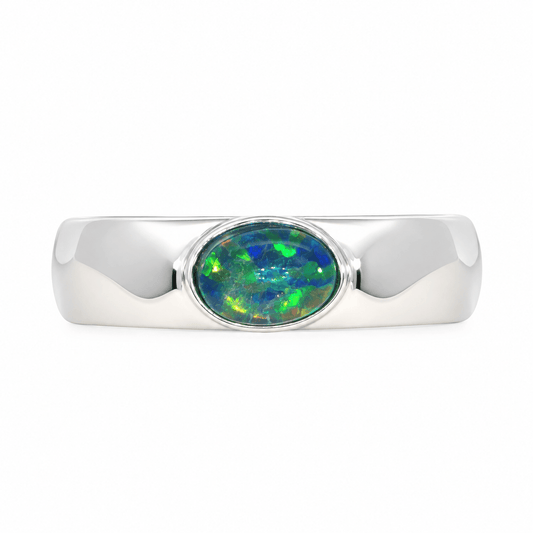 Triplet Opal Mens Ring set in Stainless Steel - Green and Blue - Australian Opal Cutters and Pearl Divers