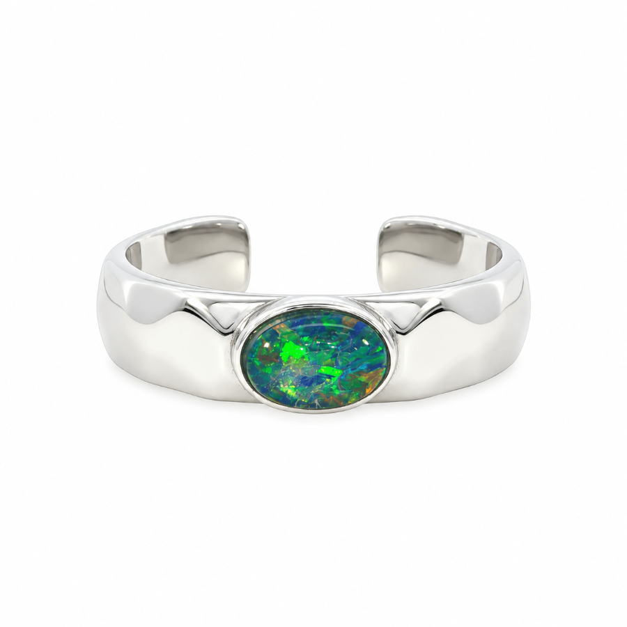 Triplet Opal Mens Ring set in Stainless Steel - Green and Blue - Australian Opal Cutters and Pearl Divers