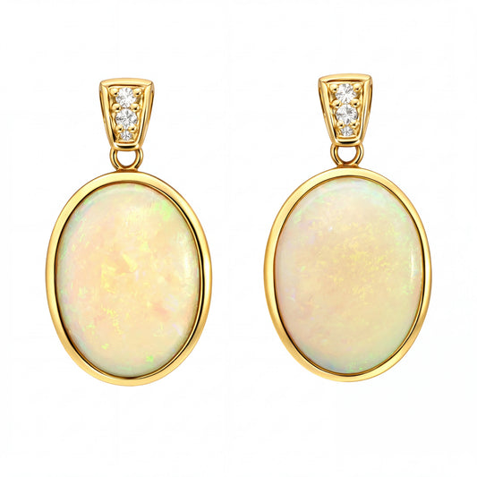 Luxury Australian Light Opal Drop Earrings 14K Yellow Gold with Diamonds High End Opal Jewellery