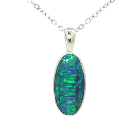 Australian Doublet Opal Pendant set in 925 Sterling Silver - Green-Blue - Australian Opal Cutters and Pearl Divers