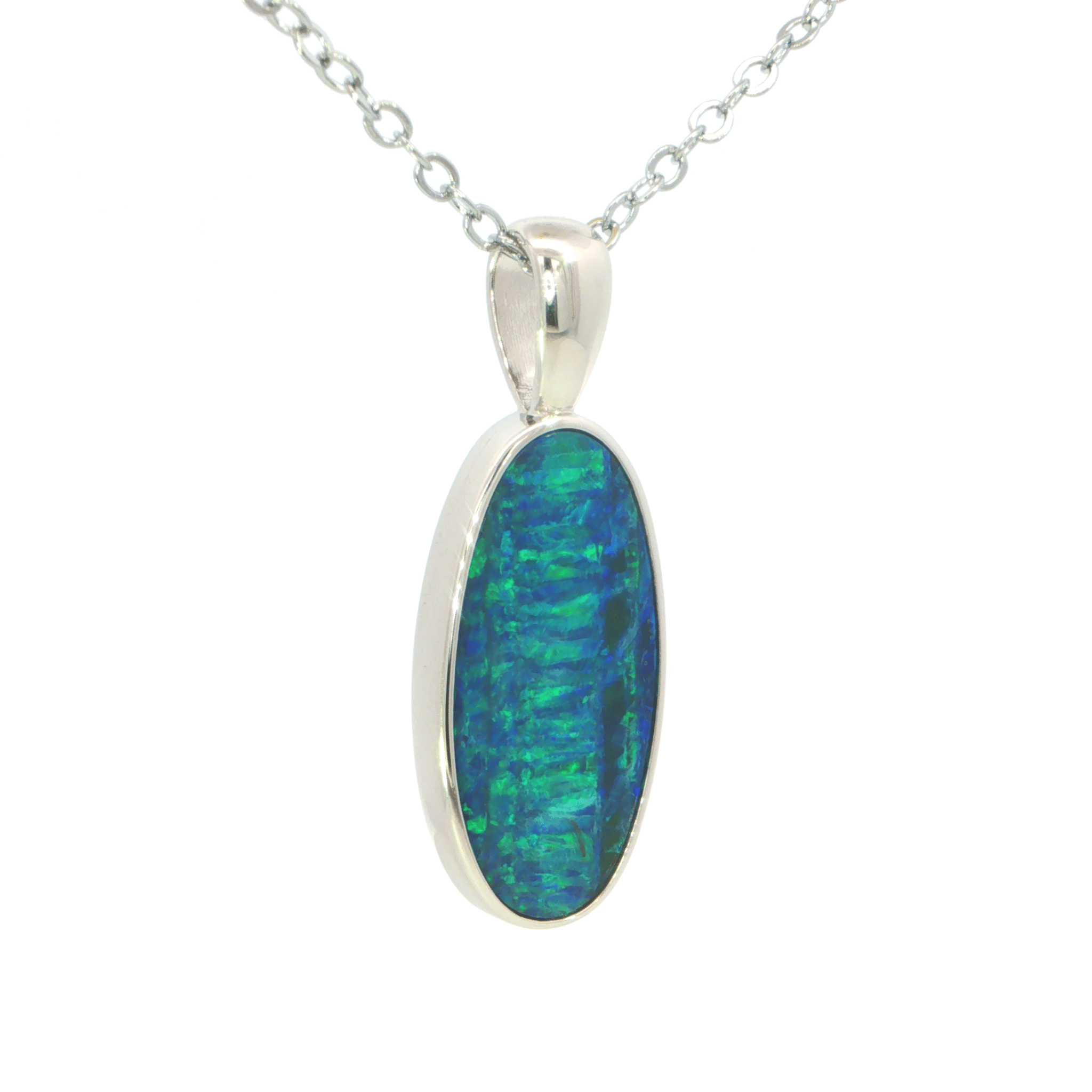 Australian Doublet Opal Pendant set in 925 Sterling Silver - Green-Blue - Australian Opal Cutters and Pearl Divers
