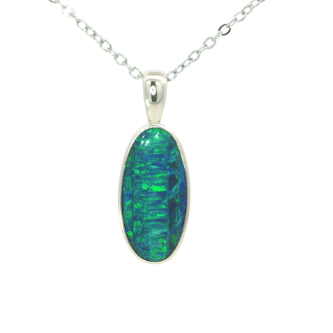 Australian Doublet Opal Pendant set in 925 Sterling Silver - Green-Blue - Australian Opal Cutters and Pearl Divers