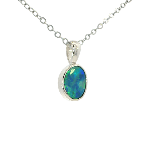 Australian Doublet Opal Pendant set in 925 Sterling Silver - Blue-Green - Australian Opal Cutters and Pearl Divers