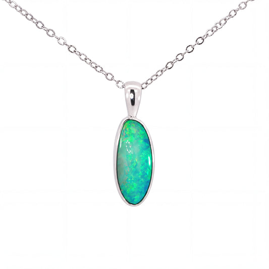 A silver chain necklace with an oval pendant featuring a vibrant green and blue opal stone, set in a polished silver bezel, on a plain white background.