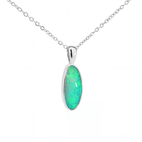 A silver chain necklace with an oval pendant featuring a vibrant green and blue opal gemstone in a polished silver bezel setting, shown against a plain white background.