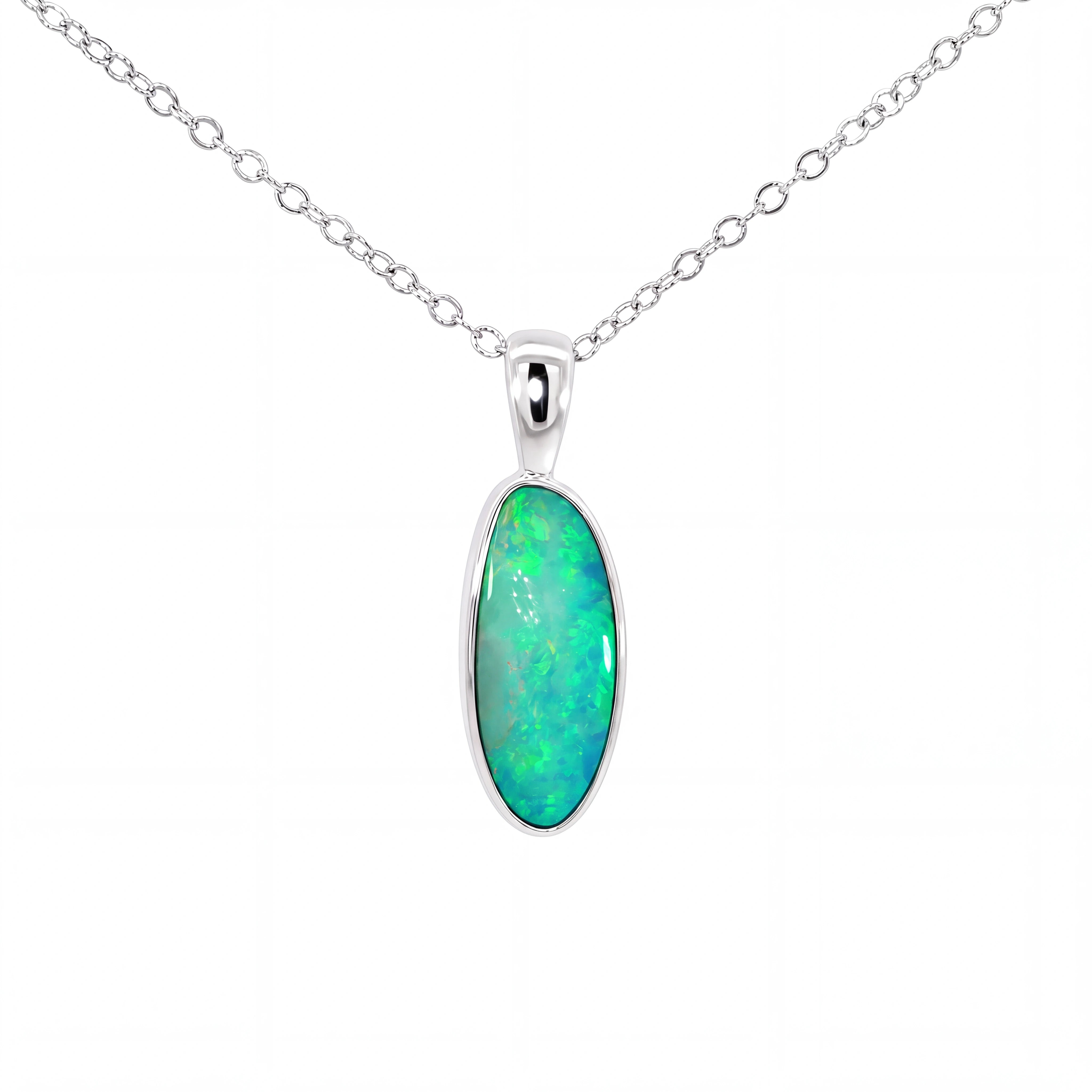 A silver chain necklace with an oval pendant featuring a vibrant green and blue opal gemstone in a polished silver bezel setting, shown against a plain white background.