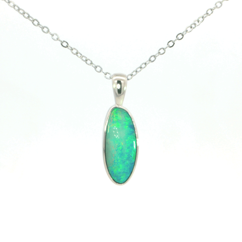 Australian Doublet Opal Pendant set in 925 Sterling Silver - Green-Blue - Australian Opal Cutters and Pearl Divers