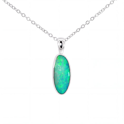 A silver chain necklace with an oval pendant featuring a vibrant green and blue opal gemstone in a polished silver bezel setting, shown against a plain white background.