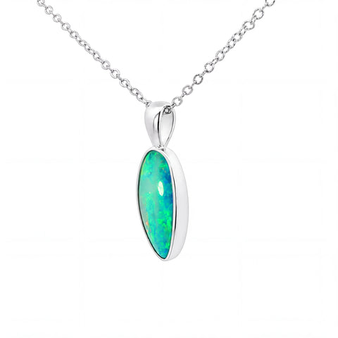 A silver chain necklace with an oval pendant featuring a vibrant green and blue iridescent opal stone set in a polished silver bezel, shown against a plain white background.