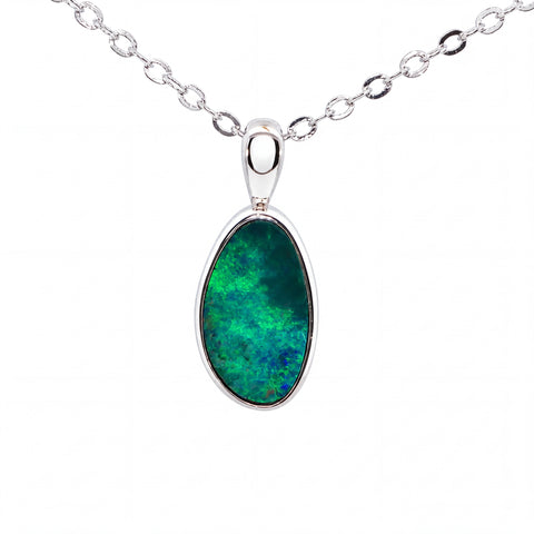 Australian Doublet Opal Pendant Set in 925 Sterling Silver - Green-Blue - Australian Opal Cutters and Pearl Divers