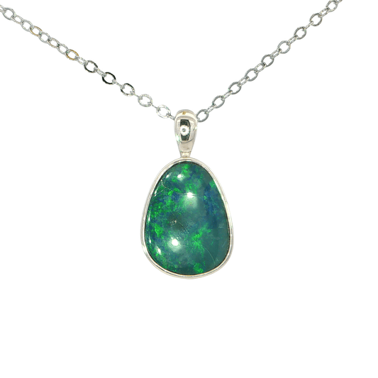 Australian Doublet Opal Pendant set in 925 Sterling Silver - Green-Blue - Australian Opal Cutters and Pearl Divers