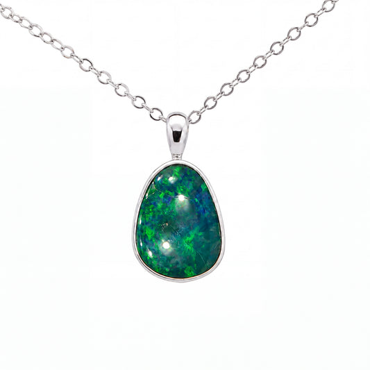 Australian Doublet Opal Pendant set in 925 Sterling Silver - Green-Blue - Australian Opal Cutters and Pearl Divers