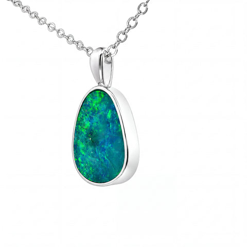 Australian Doublet Opal Pendant set in 925 Sterling Silver - Green-Blue - Australian Opal Cutters and Pearl Divers