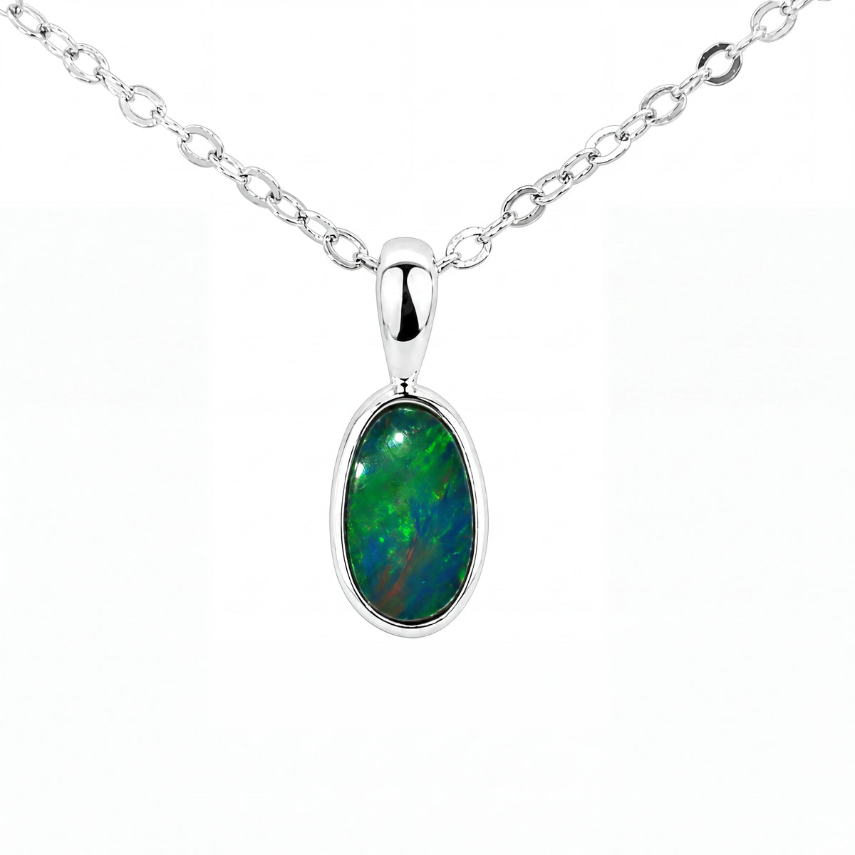Australian Doublet Opal Pendant set in 925 Sterling Silver - Green and Blue - Australian Opal Cutters and Pearl Divers