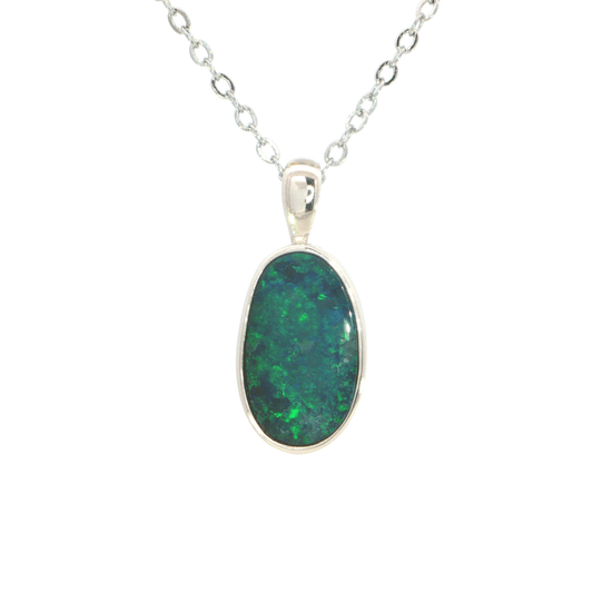 Australian Doublet Opal Pendant set in 925 Sterling Silver - Green-Blue - Australian Opal Cutters and Pearl Divers
