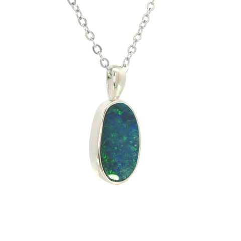 Australian Doublet Opal Pendant set in 925 Sterling Silver - Green-Blue - Australian Opal Cutters and Pearl Divers