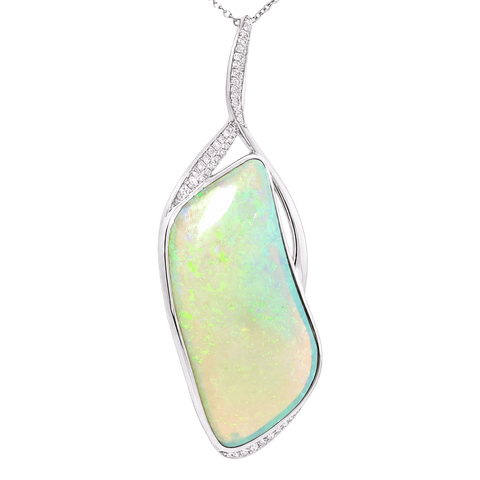 Australian Light Opal Pendant in 925 Sterling Silver with Diamonds - Green-Blue - Australian Opal Cutters and Pearl Divers
