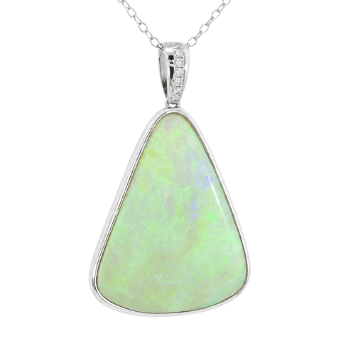 Australian Light Opal Pendant in 925 Sterling Silver with Diamonds - Green and Blue - Australian Opal Cutters and Pearl Divers