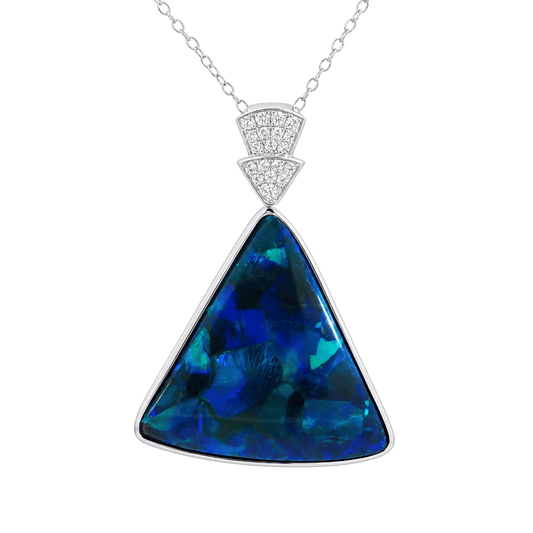 Australian Black Opal Pendant in 925 Sterling Silver with Diamonds - Blue-Green - Australian Opal Cutters and Pearl Divers