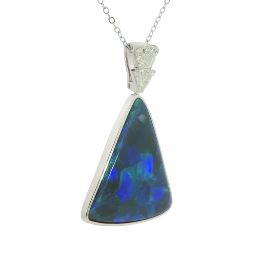 Australian Black Opal Pendant in 925 Sterling Silver with Diamonds - Blue-Green - Australian Opal Cutters and Pearl Divers