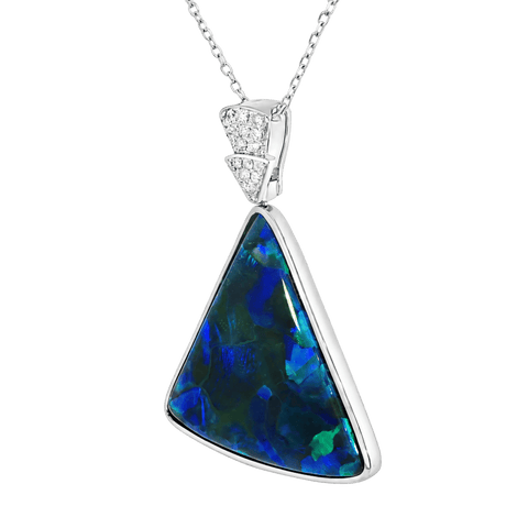 Australian Black Opal Pendant in 925 Sterling Silver with Diamonds - Blue-Green - Australian Opal Cutters and Pearl Divers